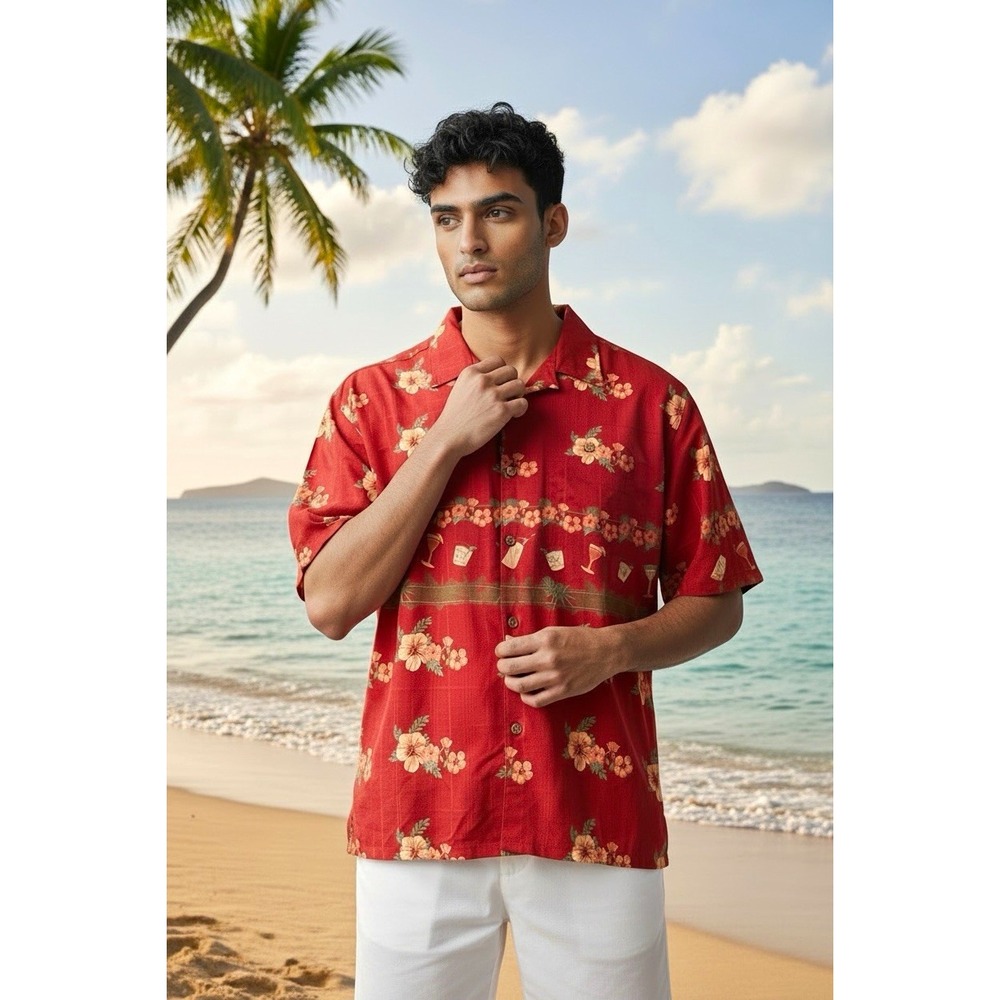 Joe Marlin Men’s Red Floral Hawaiian Tropical Woven Button-Up Shirt Short XL